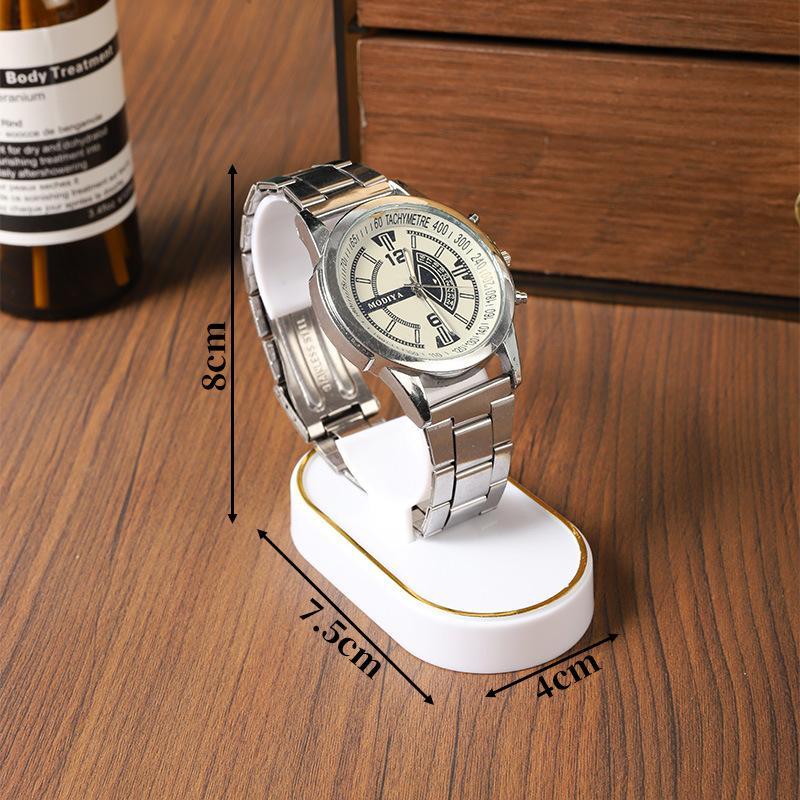 White Plastic Watch Display Stand Gold Trim Single Tier Wrist Watch Holder Stable Watch Display Rack For Counter Showcase