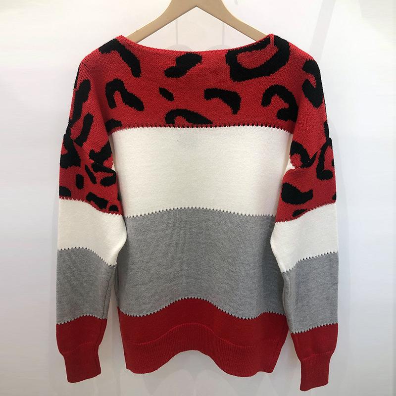 Striped Leopard Print Round Neck Pullover Sweaters Women Fashion Loose Vintage Knitted Sweater Woman Autumn Long Sleeve Casual Winter Clothing 25142