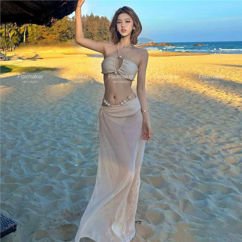 

Island Vacation Pure Desire Sexy Strapless Pearl Strap High-end Bikini Split Long Skirt Three Piece Swimsuit Set S абрикосовый