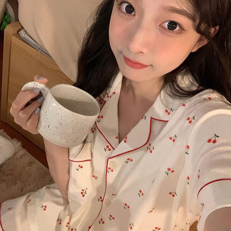 GMXIA High-quality Cotton-like Cute Cardigan Short-sleeved Student Pajamas for Women, Sweet Summer Style for Women's Home Wear