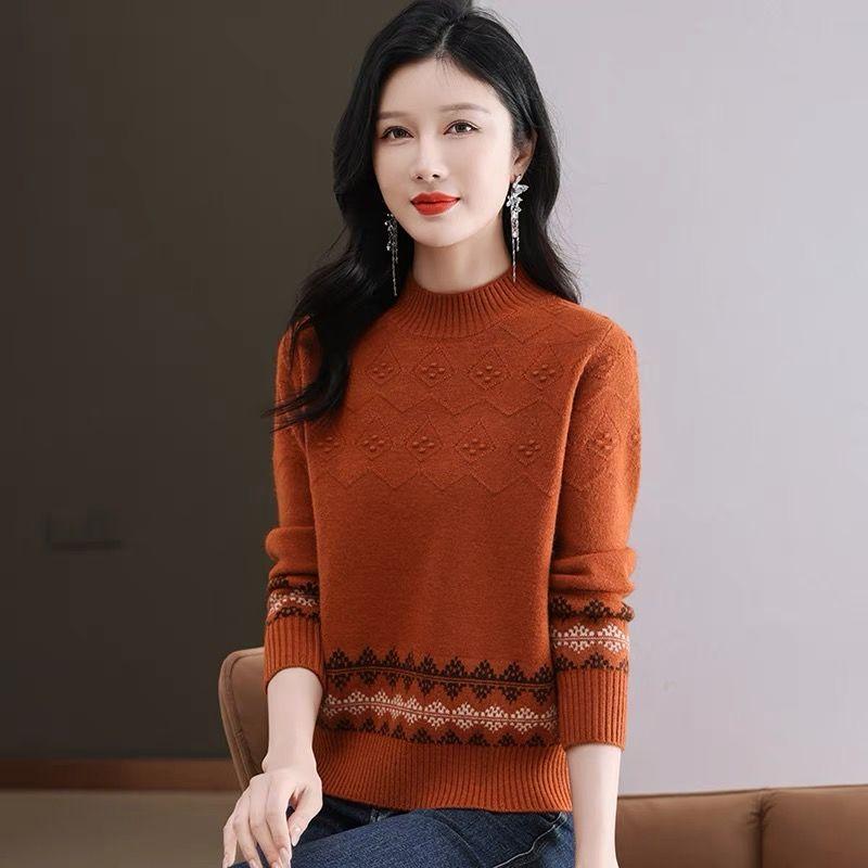 Women's Semi High Neck Retro Sweater Autumn and Winter Jacquard Color Blocked Knitted Sweater Top for Women