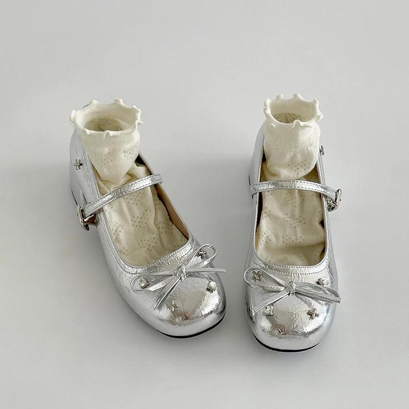 

Милые туфли Мэри Джейн с бантиком-бабочкой для женщин Элегантное платье Толстый каблук Женская обувь Повседневная уличная обувь 40 серебряный