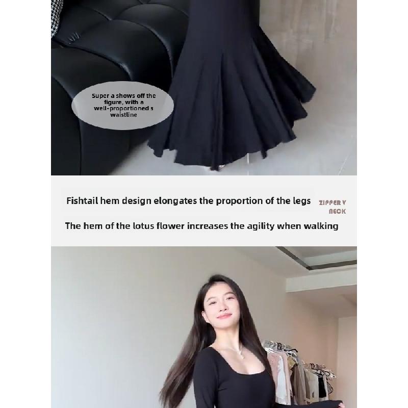 Black slim-fit square-neck French-style fishtail dress with inner slip dress for women, spring and autumn 2026 new model dress