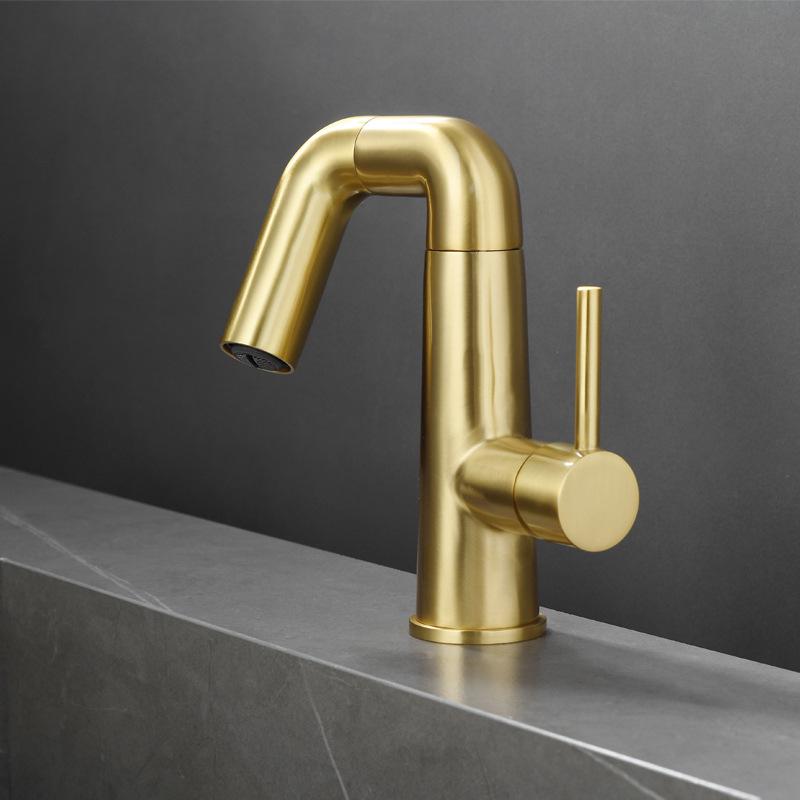 Creative Brushed Gold Bathroom Basin Faucet Brass Deck Mounted Single Hole Hot Cold Mixer Sink Tap Washbasin Crane Faucet