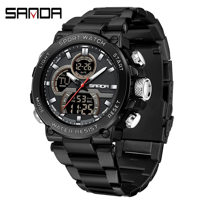 Sanda Luminous Men's Multifunctional Dual Display Steel Band Electronic Watch
