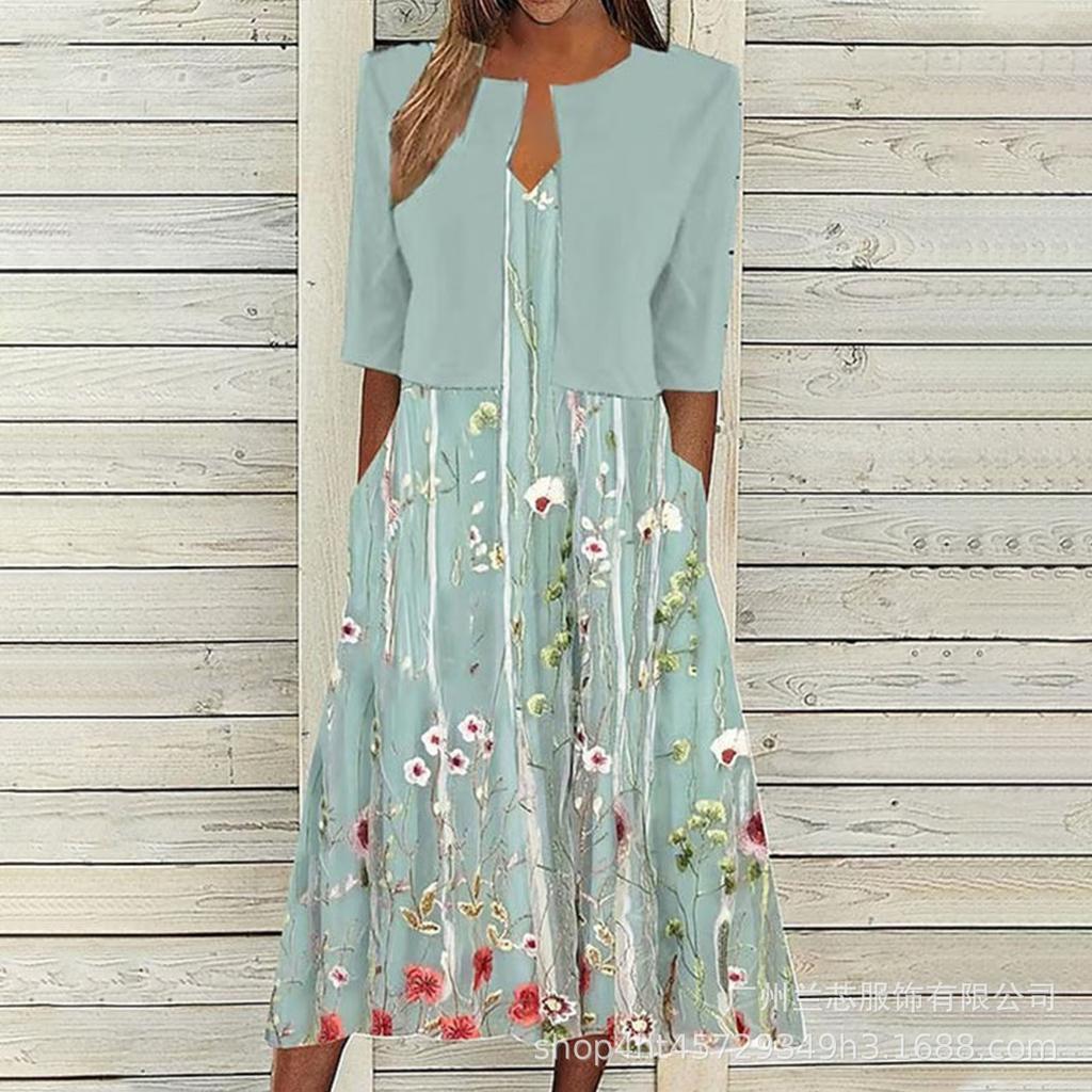 High Quality Women Summer Floral Print Two Piece Dress Set Short Sleeve Outfits