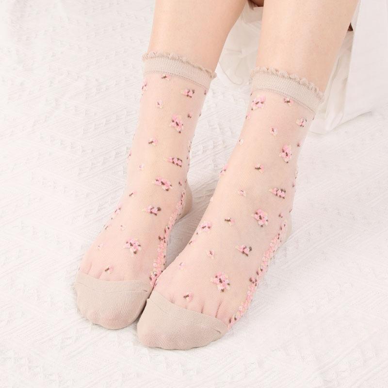 2 Paar Damen-Sommersocken mit Blumenmuster, dünn, transparent, elastisch, atmungsaktiv