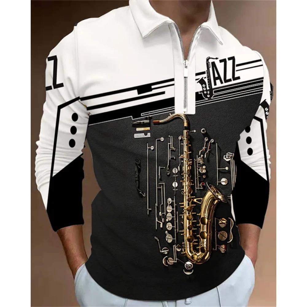 Herren T-Shirt Zip Polo Herren Oberteile Golf Grafikdrucke Musiknoten Leicht Langarm Reißverschluss Druck Kleidung Bekleidung Mode Lässig