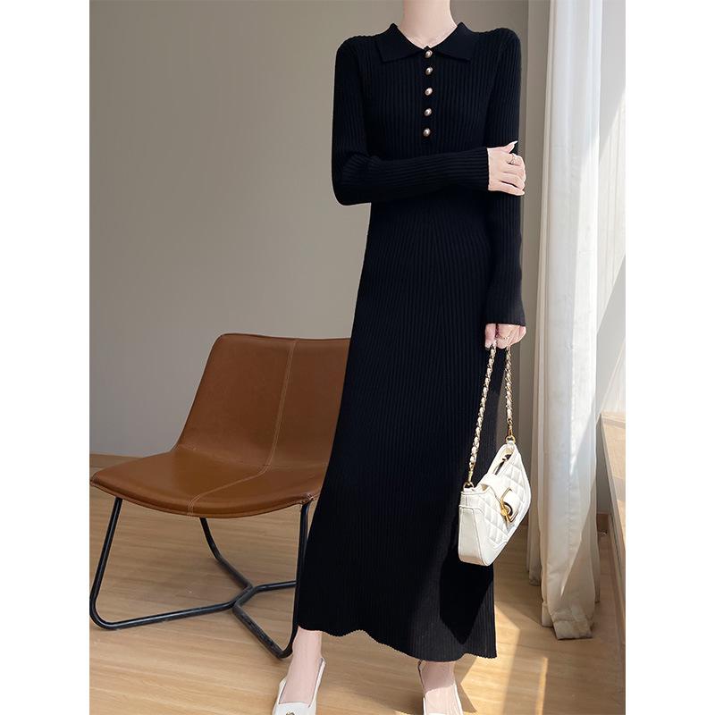 Women's Extra Long Slimming Knitted Polo Collar Dress for Autumn and Winter