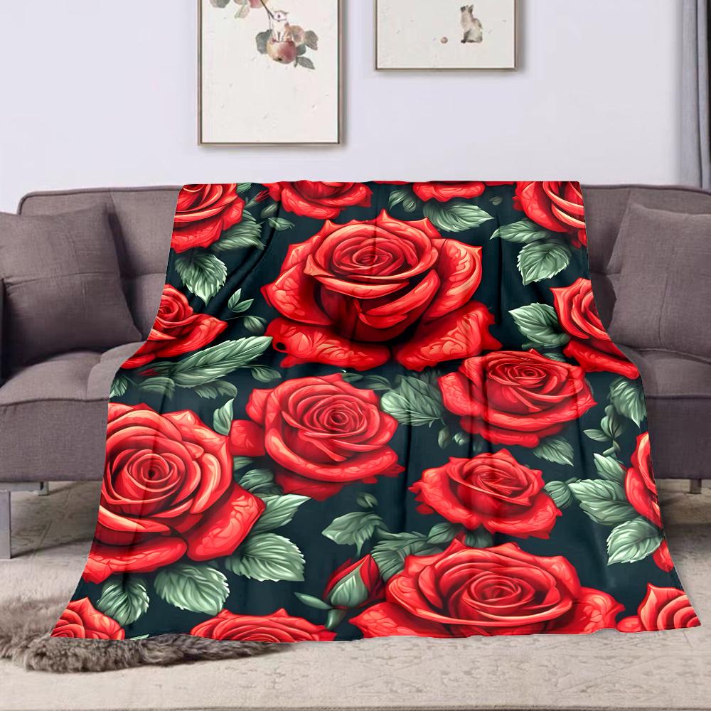 Elegant Red Roses with Green Leaves Pattern Patterned flannel blanket perfect for the bedroom living room, sofa, or a little nap