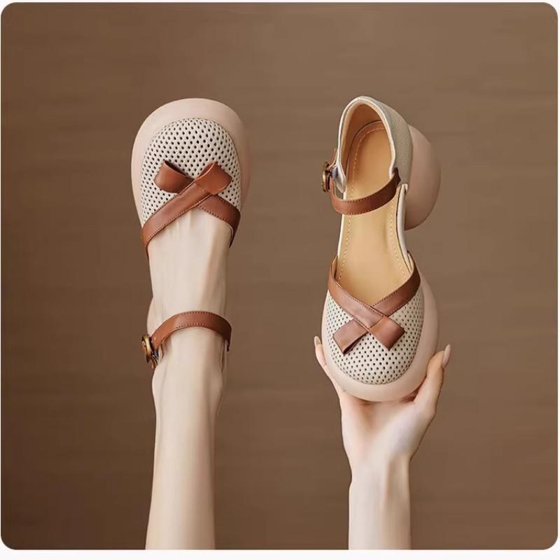 Fashion Soft Leather Retro Hollow Baotou Thick-heeled Sandals Women's Summer New Fashion Platform High Heels with Air Holes