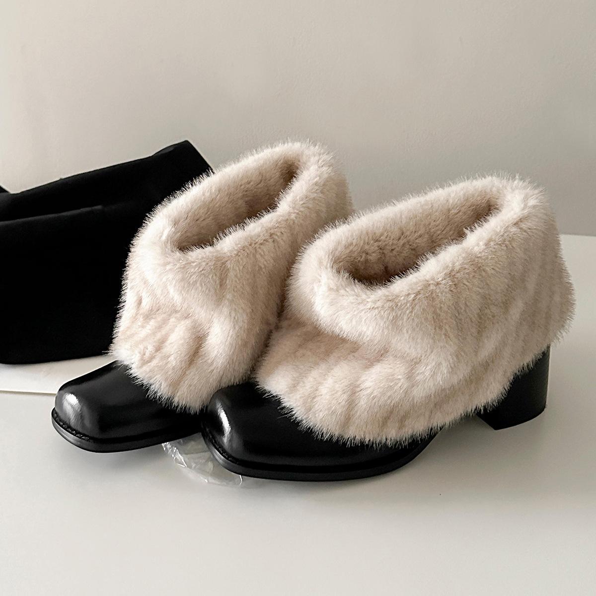 

Cowhide version~ niche personalized warm snow boots women s French square head thick heel plush boots winter fluffy cotton boots 39