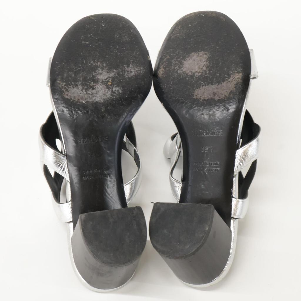 HERMES H202180Z Bikini Sandal with Chaine d'Ancre Motif in Metallic Nappa with Chunky Heel shoes 38 1/2 SilverUsed