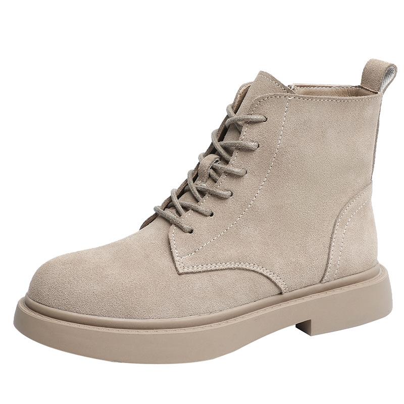 Women Genuine Leather Short Boots Round Toe Cow Suede Leather Handmade Retro Street Style Winter Warm Flats Ankle Boots