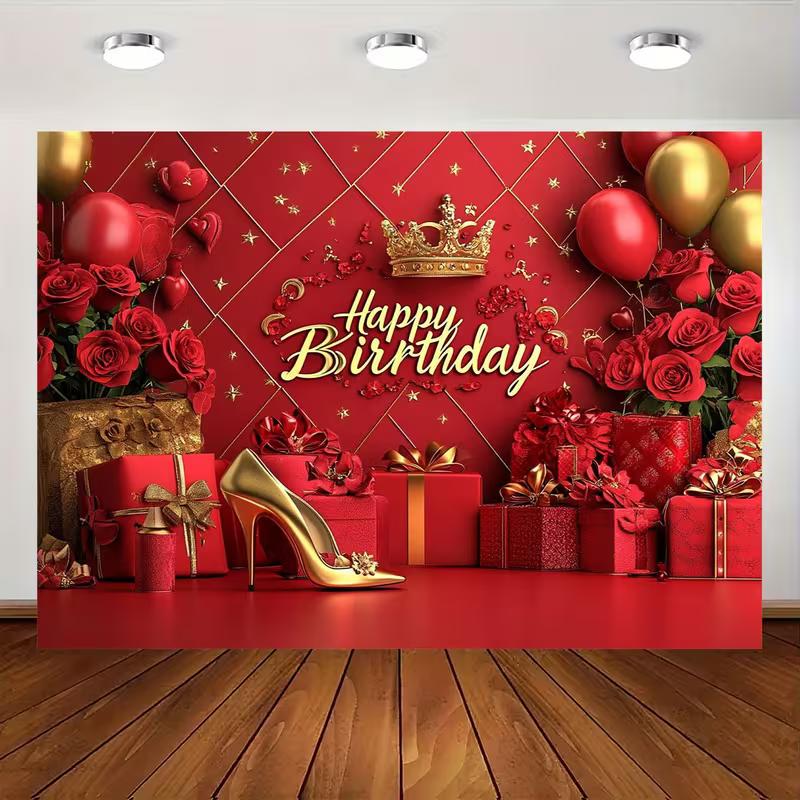 2D Luxurious Red Birthday Backdrop Gold Crown & Gift Box Background Cloth