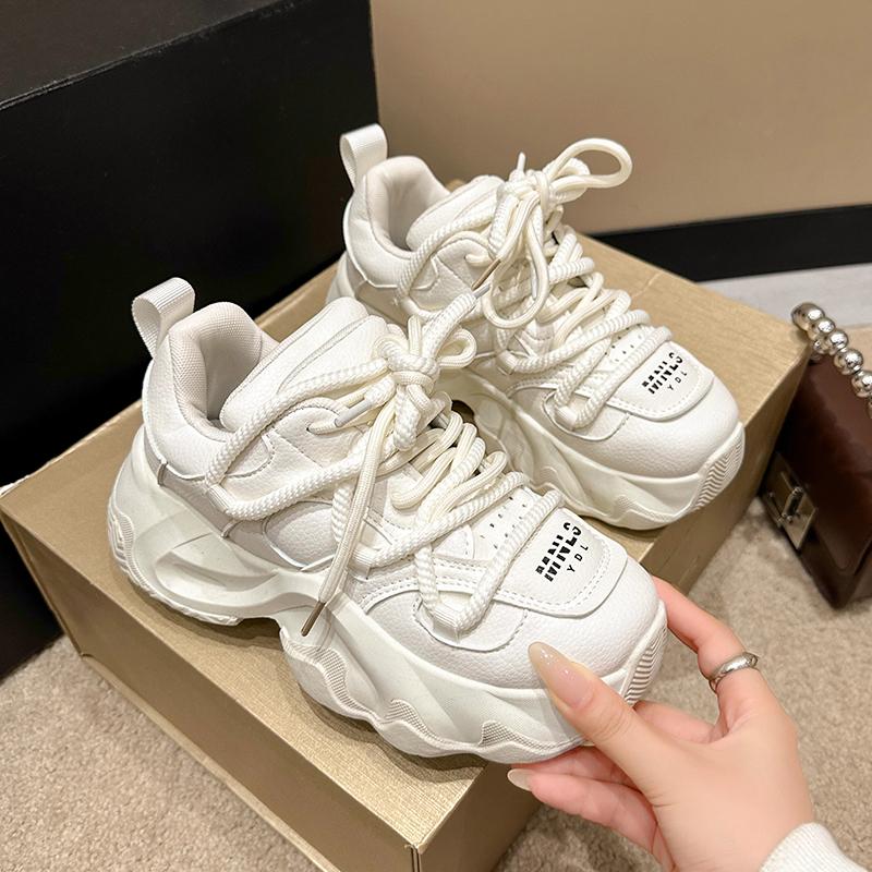Black Women Chunky Leather Sneakers High Platform Ulzzang Sports Shoes New 2025 Spring Thick Bottom Women's Wedge Casual Shoes