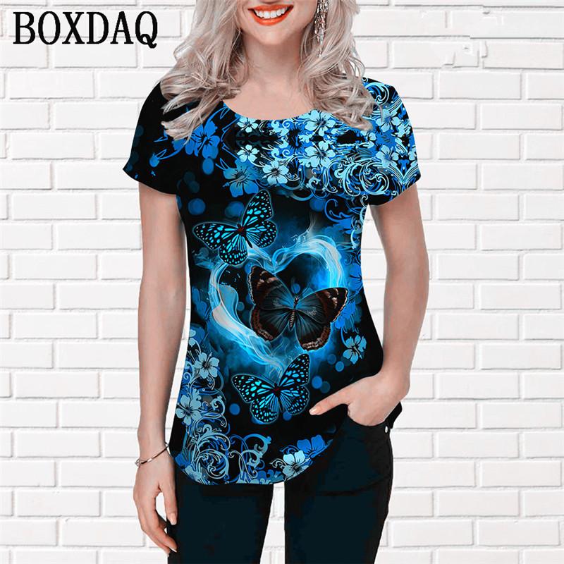Fashion Butterfly Pattern Women T-Shirts Short Sleeve 3d Print Street Gradient Lady Pullovers T Shirt Classic O-Neck Casual Tops