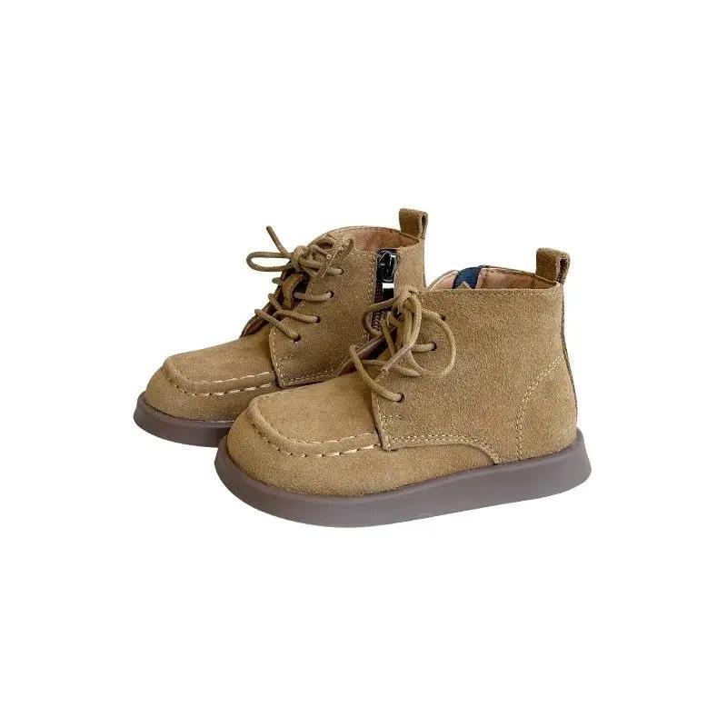 Kids Ankle Boots Retro British Style Children Short Boots Side Zip Autumn Boys Girls Leather Boots Versatile Soft Sole