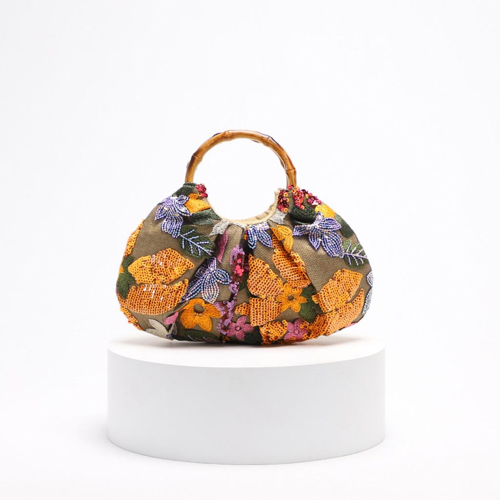 New Chinese Style Bamboo Handbag With Embroidery And Sequins For Daily Wear