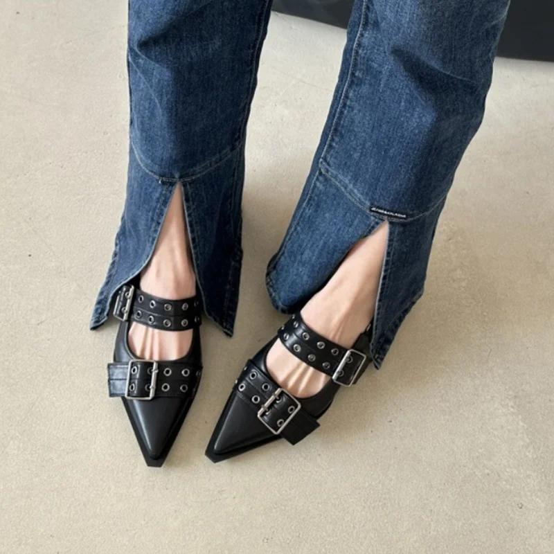 New Style Pointed Toe Thick Heel Sexy Pin Buckle Elegant Low Heel Women Shoes Comfortable Casual Fashion Sandals Chaussure Femme