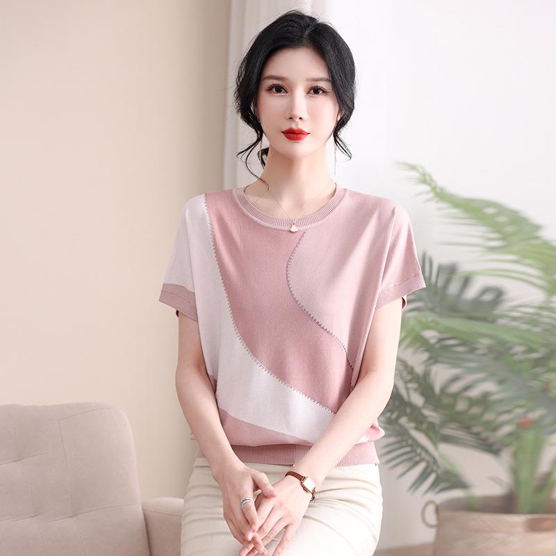 

Шифоновая футболка с круглым вырезом и коротким рукавом для женщин среднего и пожилого возраста - Вязаный топ свободного кроя 115 розовый