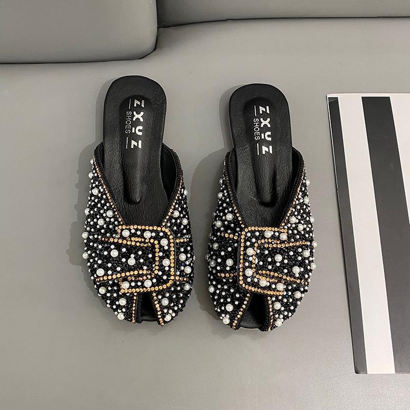 Fish mouth sandals women spring wear flat bottom rhinestone bag head half slippers lazy muller shoes Internet celebrity commuting wind