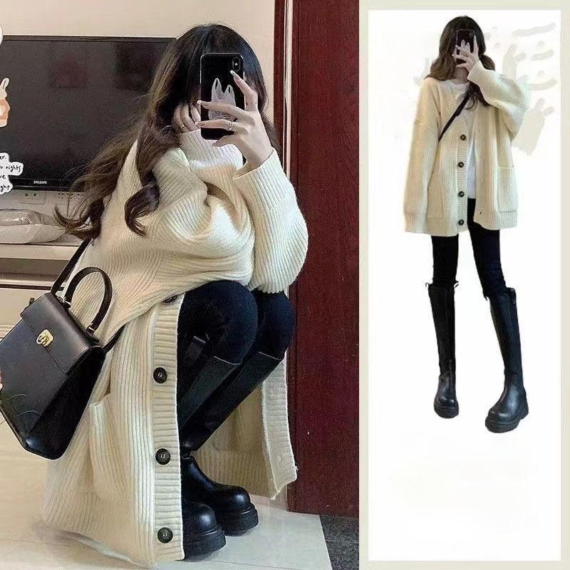 Korean Fashion Female Lazy Wind Loose Fitting V-neck Cardigan Knitting Sweater Women New Korean Cardigans Knitwear Tops Coat