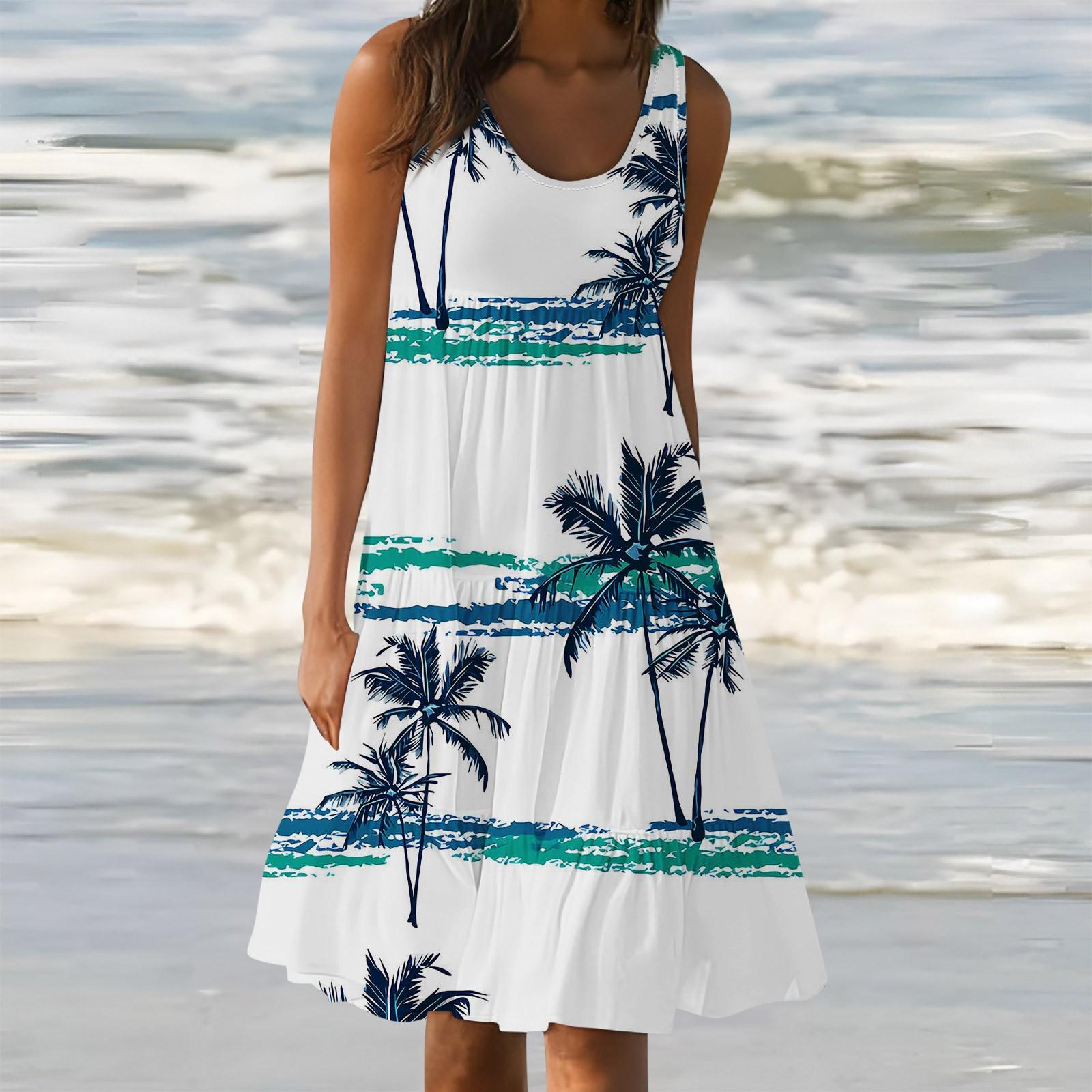 

Гавайська сукня для жінок, літо, весна, плісировані богемні сукні, милі пляжні прямі майки без рукавів, сукні-майки, круглі вирізи XL білий