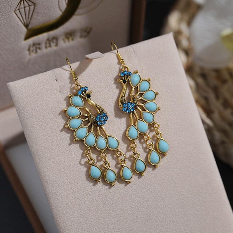 Ethnic Vintage Peacock Earrings for Women Creative Rhinestone Acrylic Antique Gold Color Animal Earring Party Vacation Jewelry