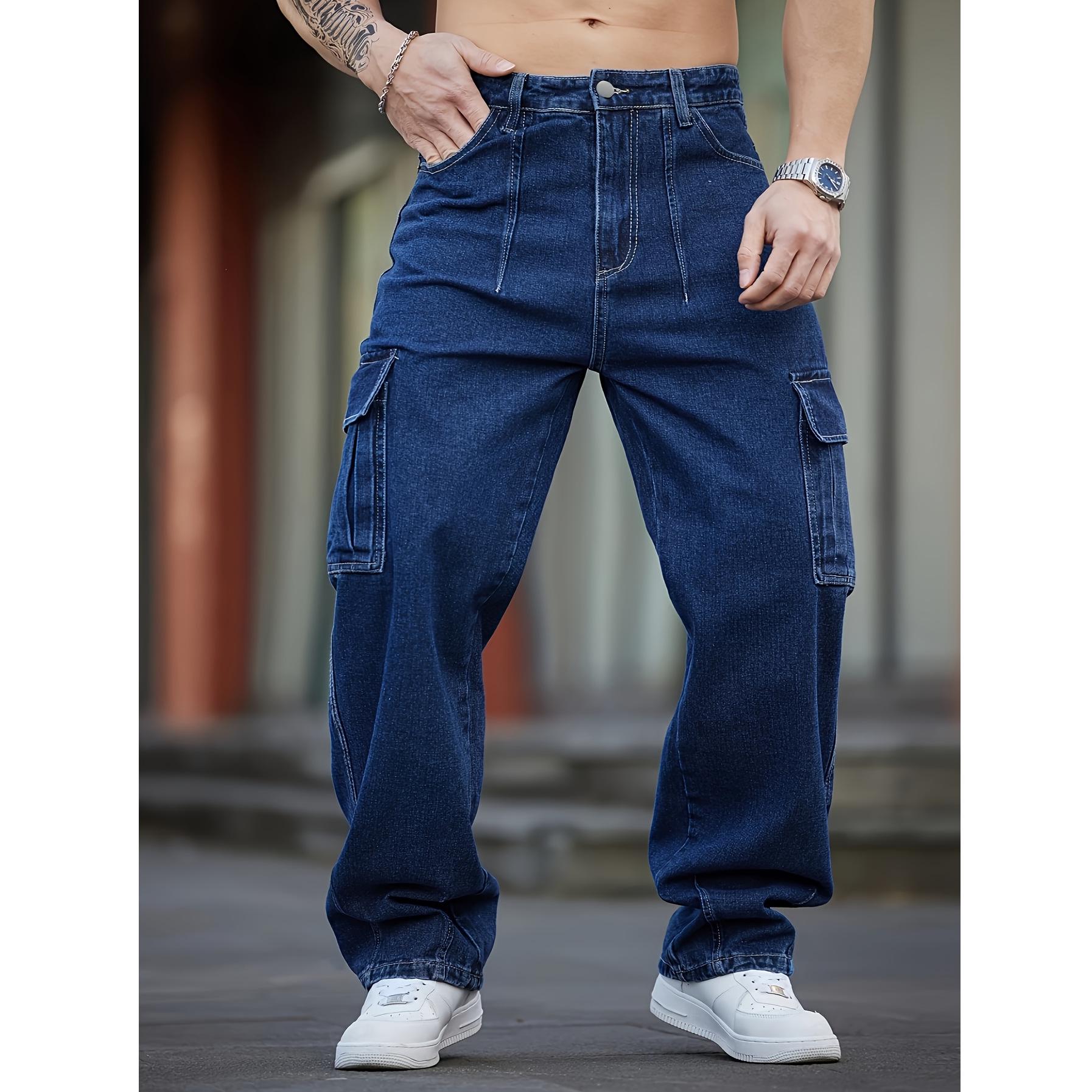 Men s Washed Dark Blue Multi-Pocket Loose Fit Denim Jeans S