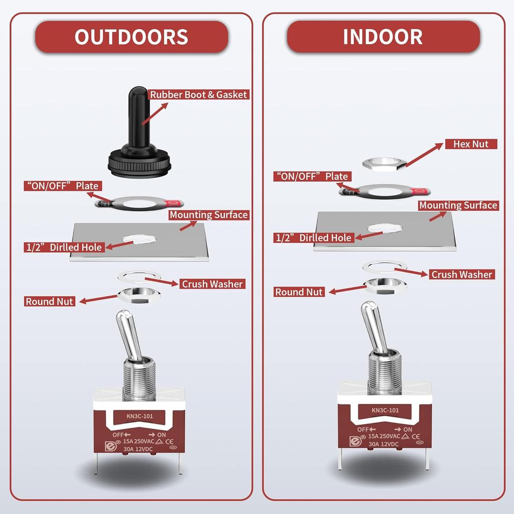 Waterproof Toggle Switch 12V Marine Boat Automotive Car SPST 2 Pin ON Off Toggle Switch with Boot Cover 30A 12 Volt 120V Heavy Duty -4pcs