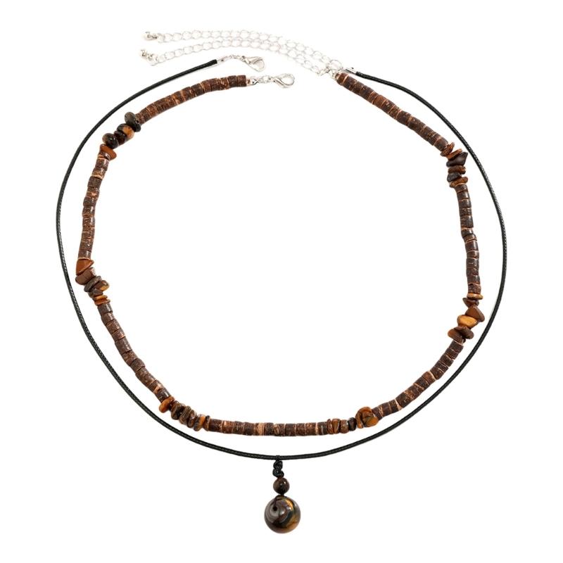 

Bohemian Layering Necklace Set With Tigereye Stone And Coconut Shell Beads Adjustable Leather Cord Neck Jewelry 1