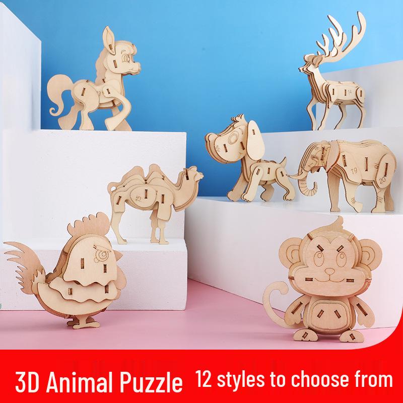 

3D Wooden Animal Puzzles: Laser Engraved DIY Interlocking Models for Kids