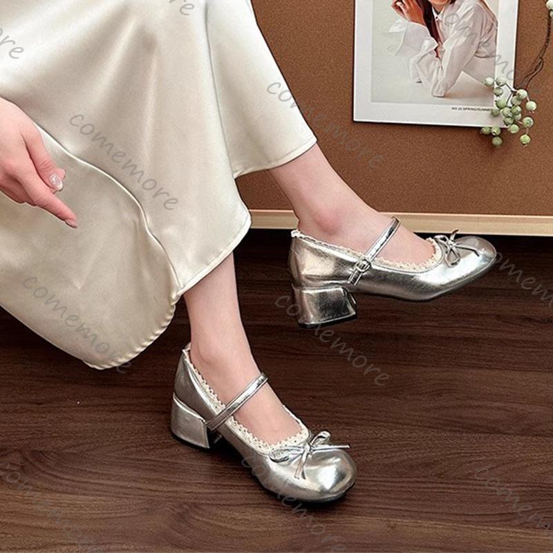 Fashion Comemore Bow Temperament High Heels Ballet Ladies Leather Shoes Retro Lace Edge Thick Middle Heel Pumps Mary Janes for Women