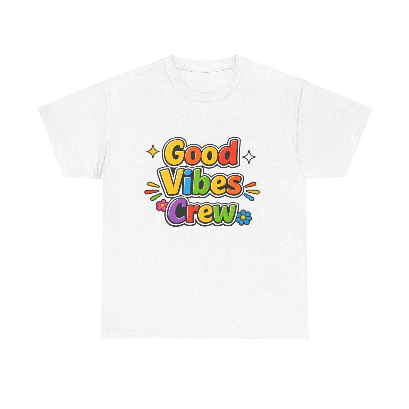 Good Vibes Crew T-Shirt | Retro Rainbow Typography, Positive Message 2XL