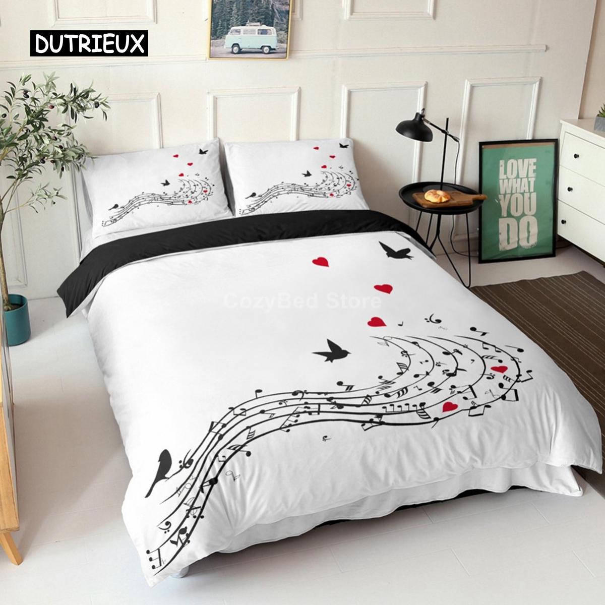 Muziek Zwart Wit Dekbedovertrek Sets Dekbed Bed Queen King Maat Muziekinstrument Piano Beddengoed Set Tiener Volwassen Slaapkamer Decor AU King(245x210cm)