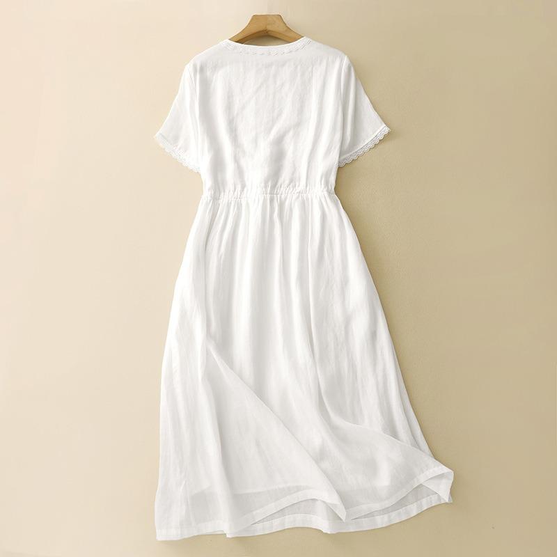 Real shot summer new cotton and linen literary loose casual age reduction embroidered white dress women's clothing