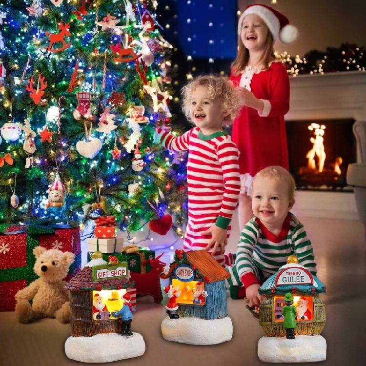 LED Light Up Christmas Ornament Resin House Shape Figurine Desktop Decoration Miniature Cottage Statue for Office