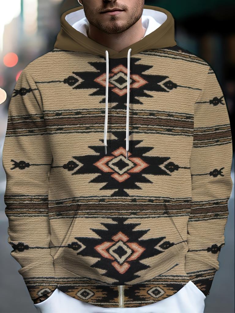 Men's Fashion Long-Sleeve Hoodie, Trendy Printed Sport Sweatshirt with Ethnic Geometric Patterns and Color Blocking, Blanket-Style Design. Soft,