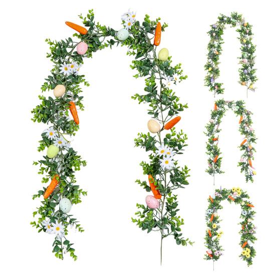 Easter Garland Artificial Spring Greenery Garland with Pastel Eggs Carrots Flowers for Farmhouse Indoor Mantle Fireplace Home Decor