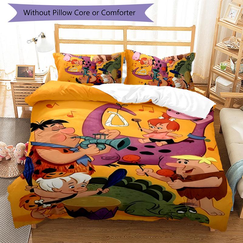 Flintstones 3pcs Bedding Set Duvet Cover Closure Includes 1 Duvet Cover & 2 Pillowcases for All Seasons Bedroom Home Dorm Decor