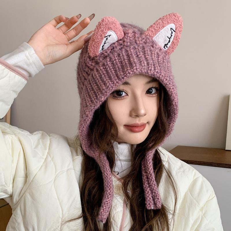 Autumn and winter cute fox ears knitted wool hat children warm braids straps ear protectors show face small cold hat