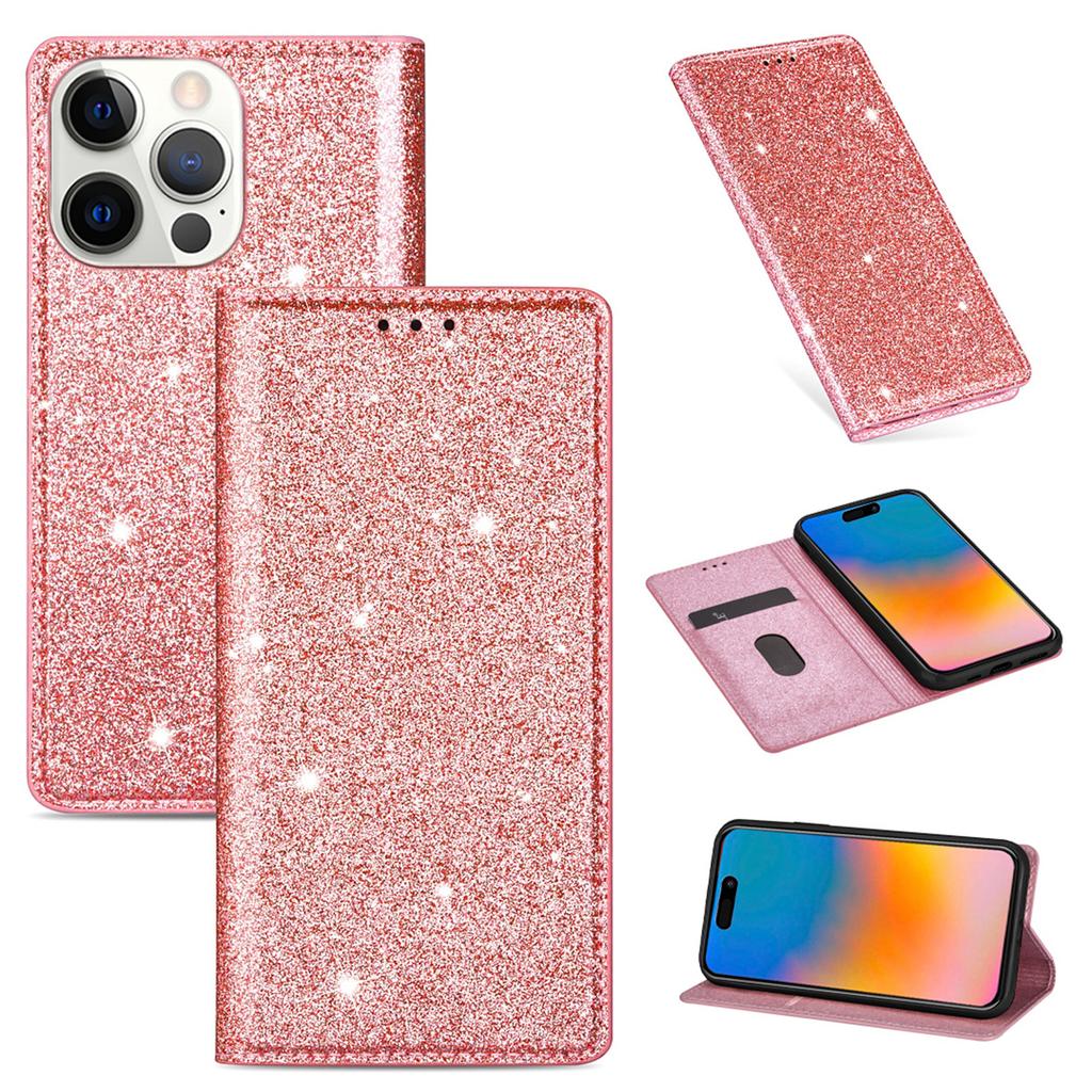 Applicable to Apple 15 glitter magnetic suction multi-card leather case 15pro women's glossy protective case 16pro card case