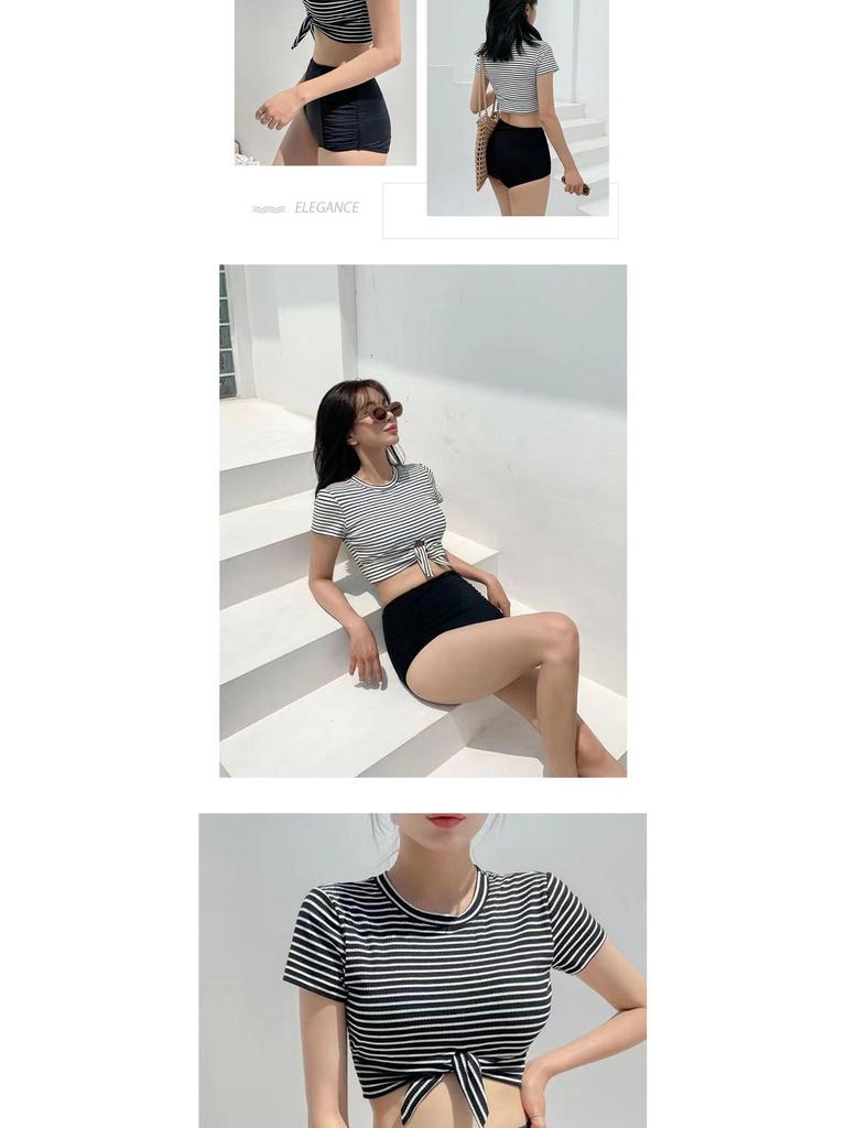 Women's Short Sleeve Striped High Waist Swimsuit, Korean Style, Tummy Control, Slimming, In Stock