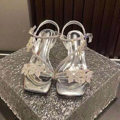 Rhinestone French Summer Sandals Women's 2025 New Summer Wear Exquisite High-end Feeling Not Tired, Middle Heel High Heels