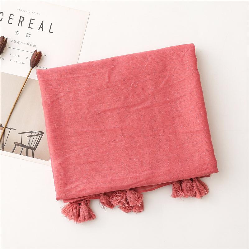 Super Beautiful Solid Color Bare Pink Shining Tassel Cotton and Hemp Scarf Long Silk Scarf Sunscreen Shawl Dual Use Japanese Original