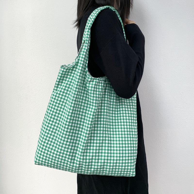 Korean Retro Plaid Canvas Shoulder Bag for Female Students - Versatile Large Capacity Shopping Bag