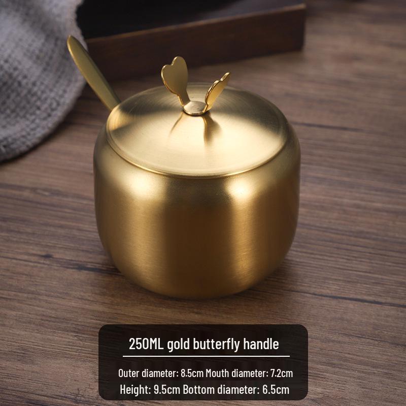 Gold Korean Style 304 Stainless Steel Seasoning Jar with Spoon - Perfect for Chili Sauce, Soy Sauce, or Salt.