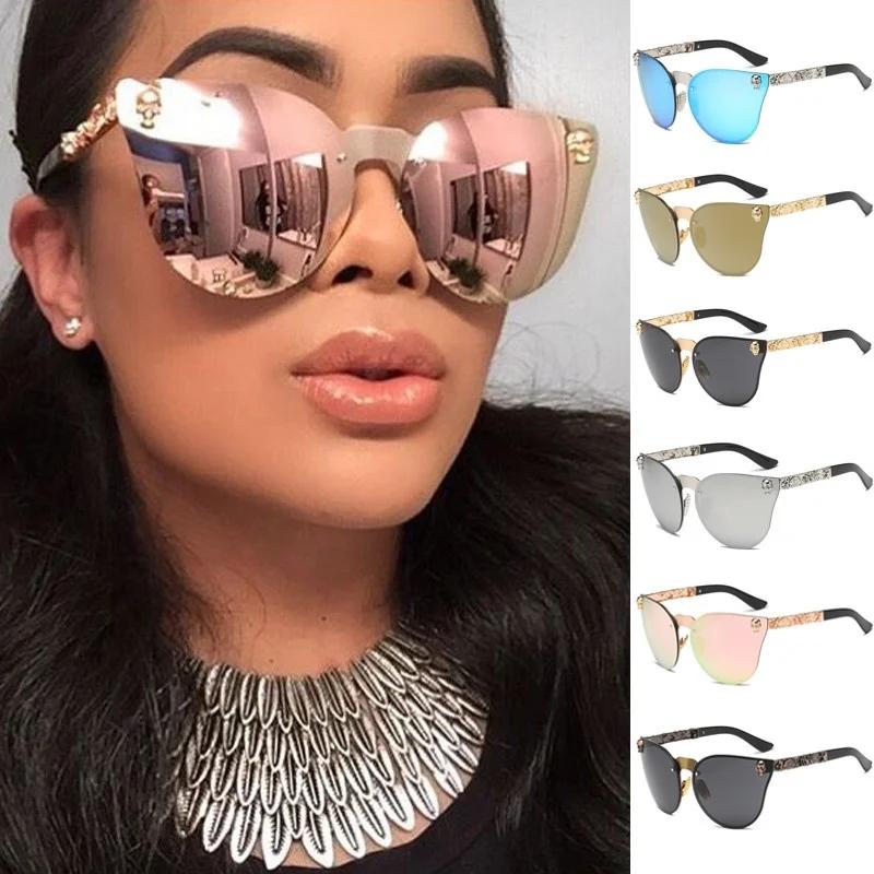 Gothic Skull Sunglasses Women Men Rimless Cat Eye with Skull Head Rhinestone Mirrored Ladies Sun Glasses Punk Metal Shades