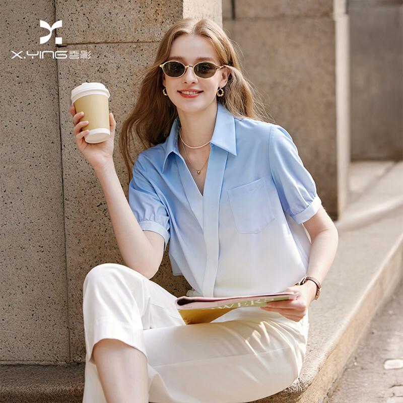 Xiangying Women s Gradient Blue V-Neck Short-Sleeve Shirt S